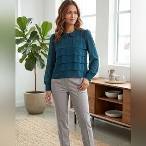 Forever 21 Teal Blue Tiered Ruffle Peter Pan Collar Long Sleeve Blouse Small